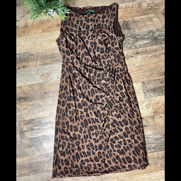 Ralph Lauren Leopard Dress Jersey material Side Ruching sleeveless - Picture 1 of 9
